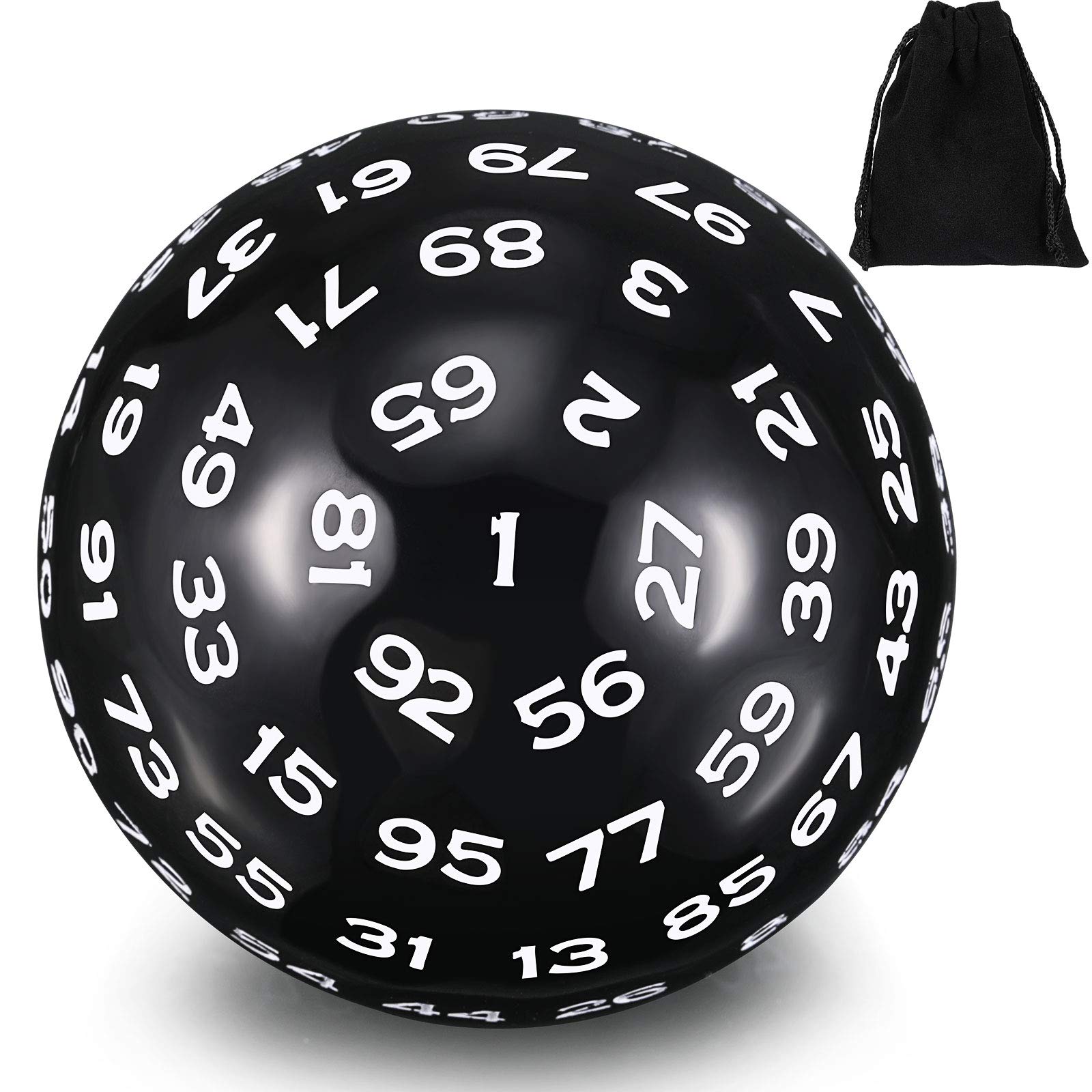 Sumind 100 Sided Polyhedral Dice Single D100 Game Dice 45 mm 100 Sided Cube with Black Pouch for Role Playing Dnd Rpg Mtg Table Games Party Supplies Family Party Favor(Black Base with White Numbers)