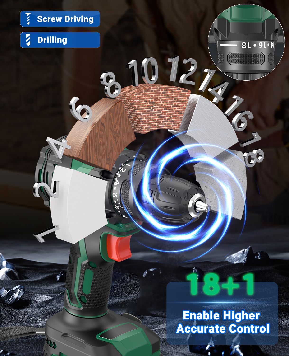 Akkuschrauber Bürstenlos 21V, CEEIGOO Akku Bohrschrauber mit Akku 2000mAh, 42N.m Akku Bohrmaschine, 2 Gang, 18+1 Drehmomentstufen, LED Licht, 20 tlg Zubehöre Set für Haus und Garten DIY Projekt 6