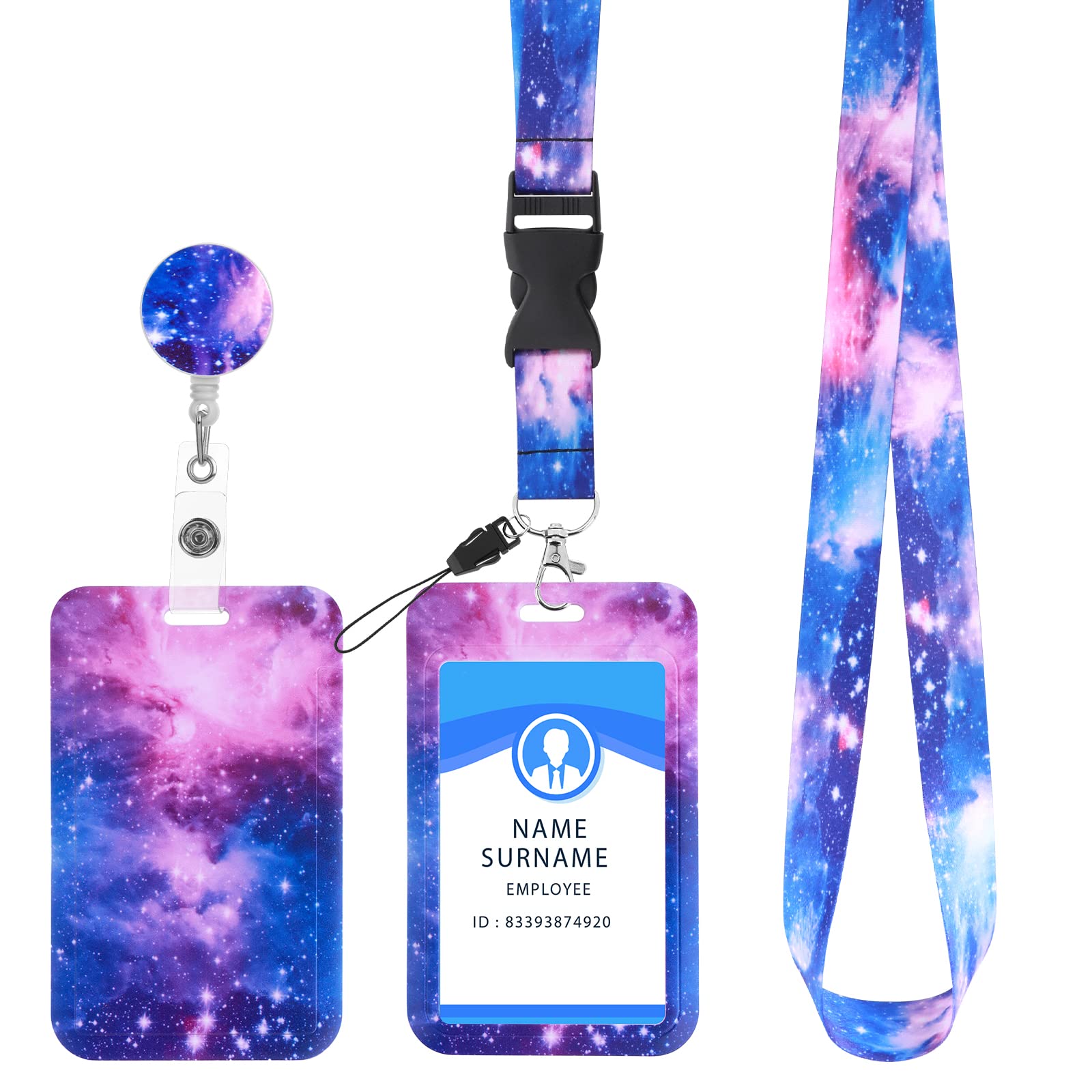 cobee ID Badge Holder with Lanyard, Retractable Starry Sky Badge Holder with Reels and Detachable Badge Lanyards Fashionable Neck Crossbody Lanyard Name Credit Card Protector for Nurse,Teacher(Purple)