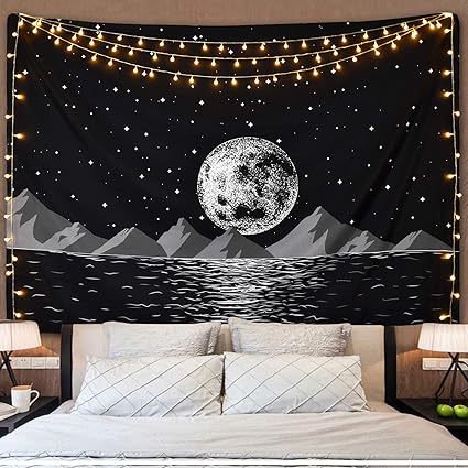 Moon Rising Mountain Tapestry Starry Night Sky Tapestry Space Moon Tapestry Galaxy Stars Tapestry Sea Coastal Mountain Landscape Tapestry For Living