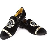 XQWFH Mens Rhinestone Loafers Velvet Tuxedo Dress Shoes with Gold Plate Smoking Slippers Slip-On Penny Party Wedding Casual Shoes