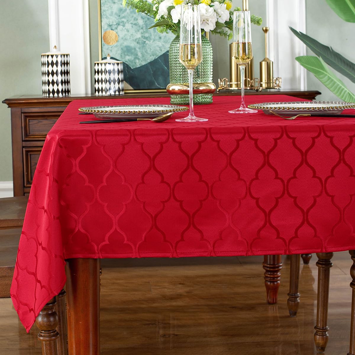 SASTYBALE Christmas Tablecloth Rectangle, Spillproof and Wrinkle Resistant Jacquard Table Cloth with Floral Patterns for Dining Room & Holiday Decoration (Red, 152 x 305 cm (10-12 Seats))