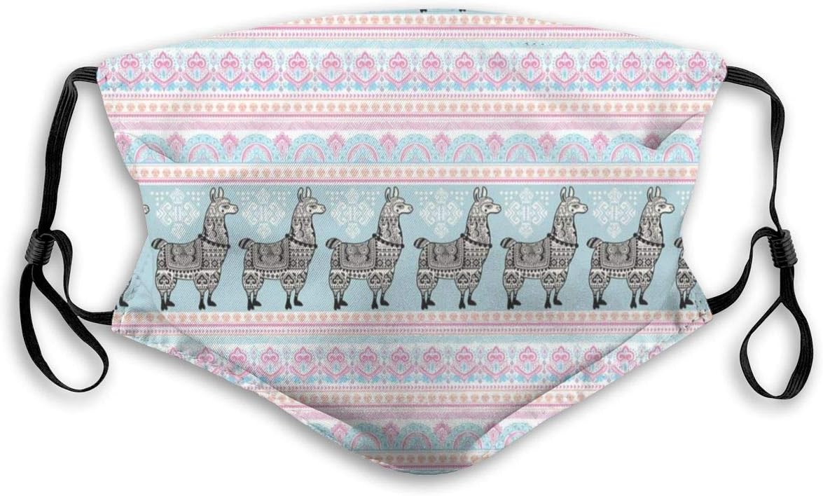 Face Mask,Horizontal Borders With Patterned Alpaca Animal And Ethnic Folkloric Tribal Ornaments,Mouth Mask Replaceable Washable Anti-dust Face Mask-Adjustable,Kids size:S
