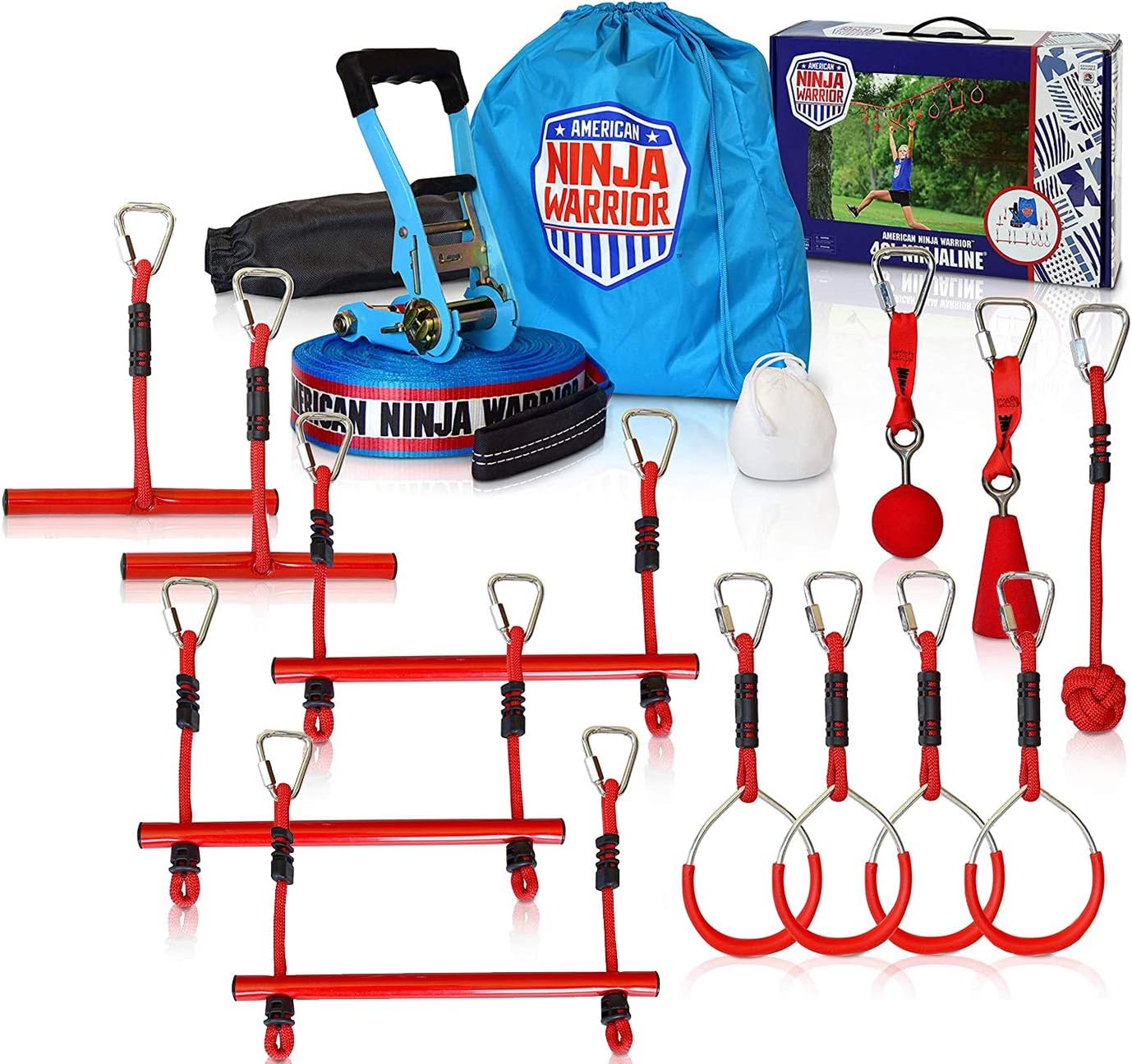 American Ninja Warrior Deluxe Ninjaline Kit with 12 Obstacles 40' - Best Outdoor Ninja Warrior Training Equipment for Kids - Build Your Very Own Backyard Obstacle Course - Rated Ages 5+
