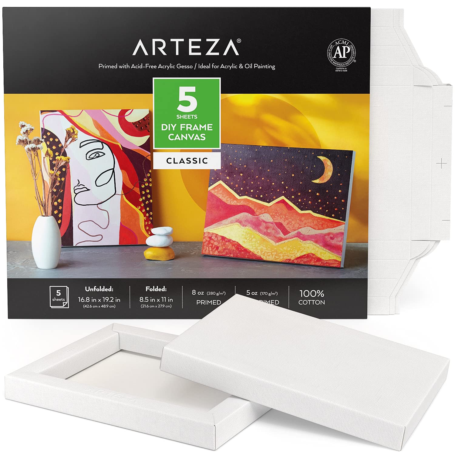 Arteza Foldable Canvas Boards for Painting, 8.5x11 Inch, Pack of 5, 100% Cotton, 8 oz Primed White Canvases, DIY Frame, Art Supplies for Acrylic and Oil Painting and Drawing