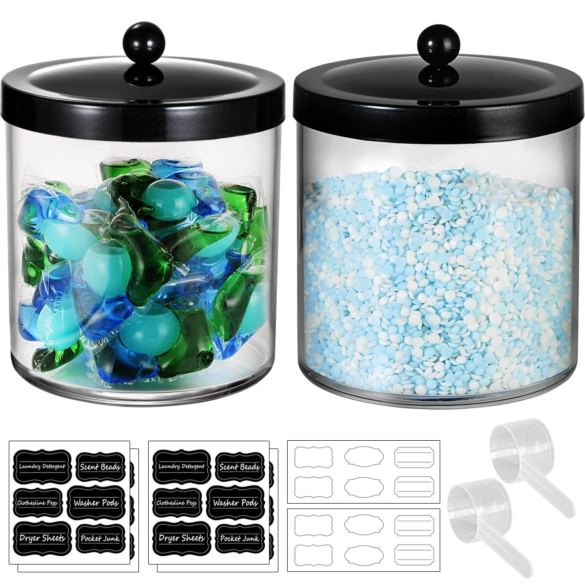 Photo 1 of 2 Pack 50 Oz Large Apothecary Jar with Lid, SheeChung Plastic Storage Jar for Laundry Bathroom Vanity, Laundry Pods Bath Bombs Snacks Home Storage Canister Jar with Label Measuring Spoon(Black)
