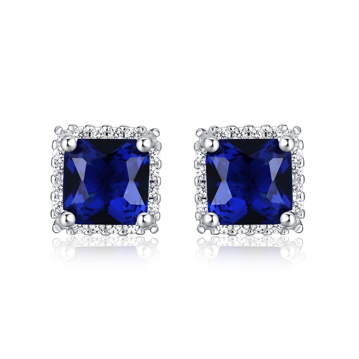 Diamond Treats 925 STERLING SILVER Earrings with Simulated Sparkling Square Blue Sapphire & Bright White Cubic Zirconia. The Silver Sapphire Halo Earrings are a Lovely Gift for Her.