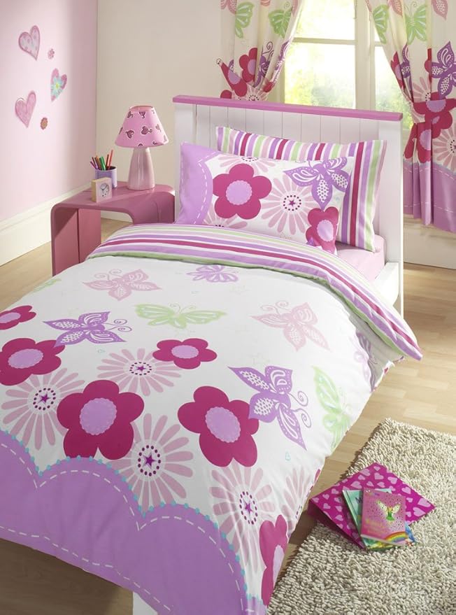 SINGLE DUVET COVER SET WITH MATCHING CURTAINS FLOWERS & BUTTERFLIES