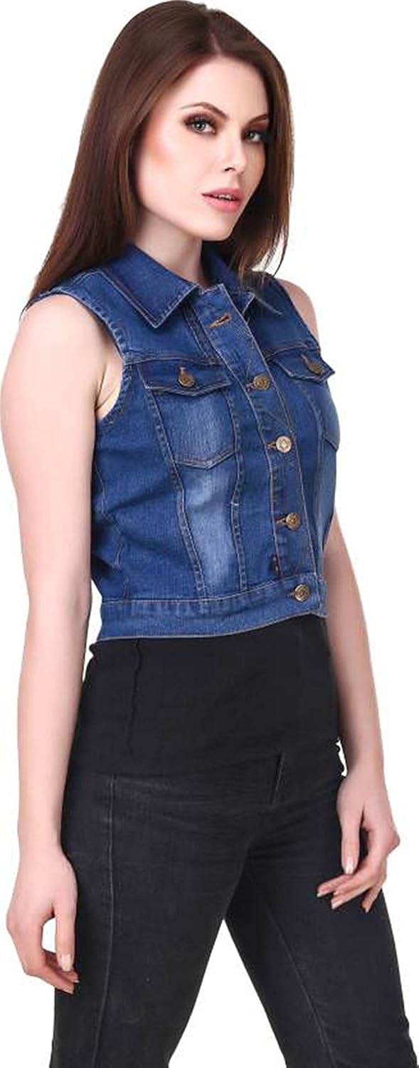 g.s.a enterprises stylish sleeveless dark blue regular collar women's denim jacket