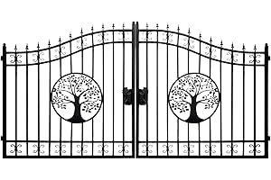 Zolyndo Dual Swing Driveway Gate 14FT X 7.6FT, Wrought Iron Gate for Driveway, Security Gate, Swing Security Barrier, Outdoor Fence Gate for Yard, Backyard (Tree Design, Posts Not Included)