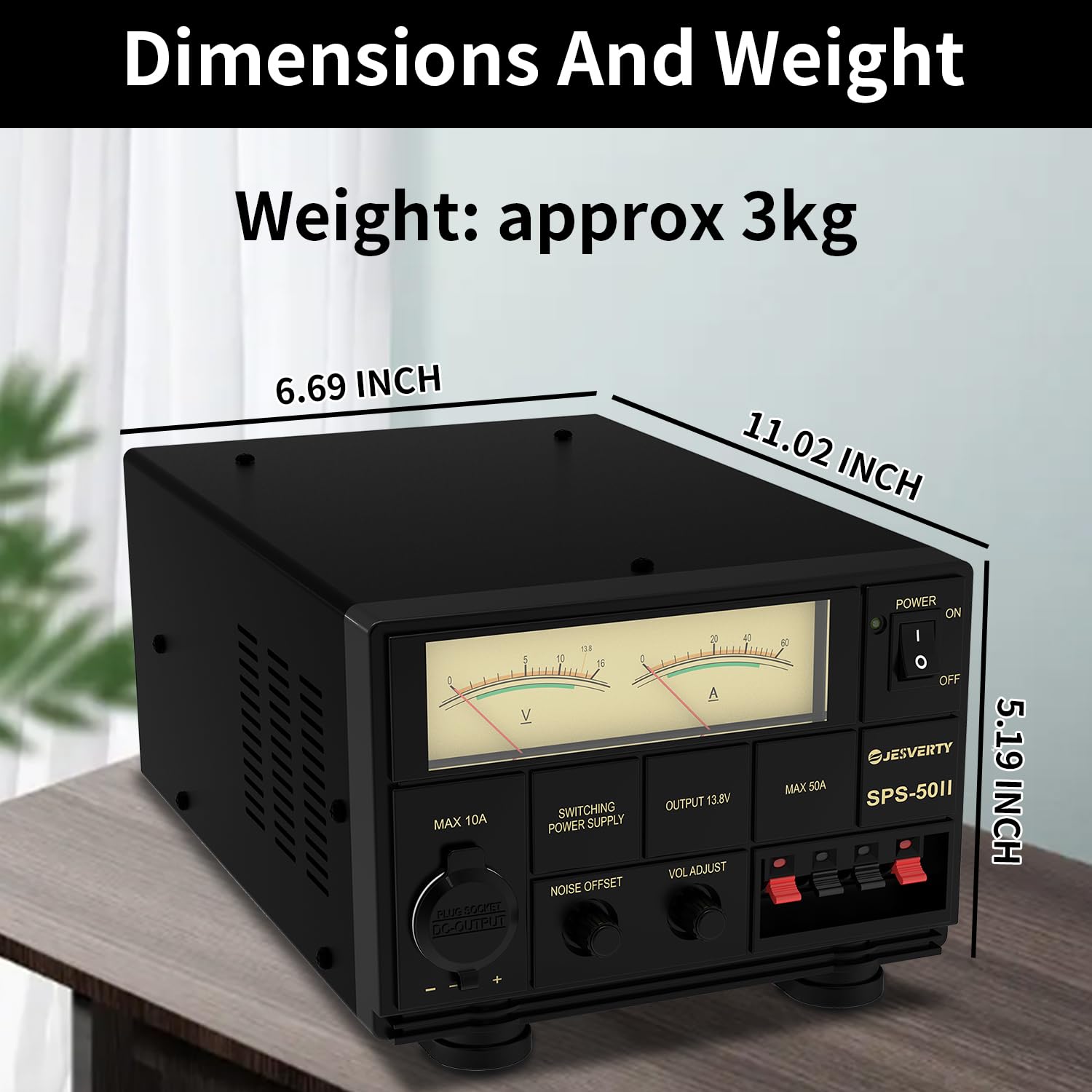 Universal Compact Bench Power Supply- 50 Amp Regulated Home Lab Benchtop AC-to-DC Converter 13.8 Volt/9-15Volt, Cooling Fan, Screw Type Terminals - Jesverty SPS-50II