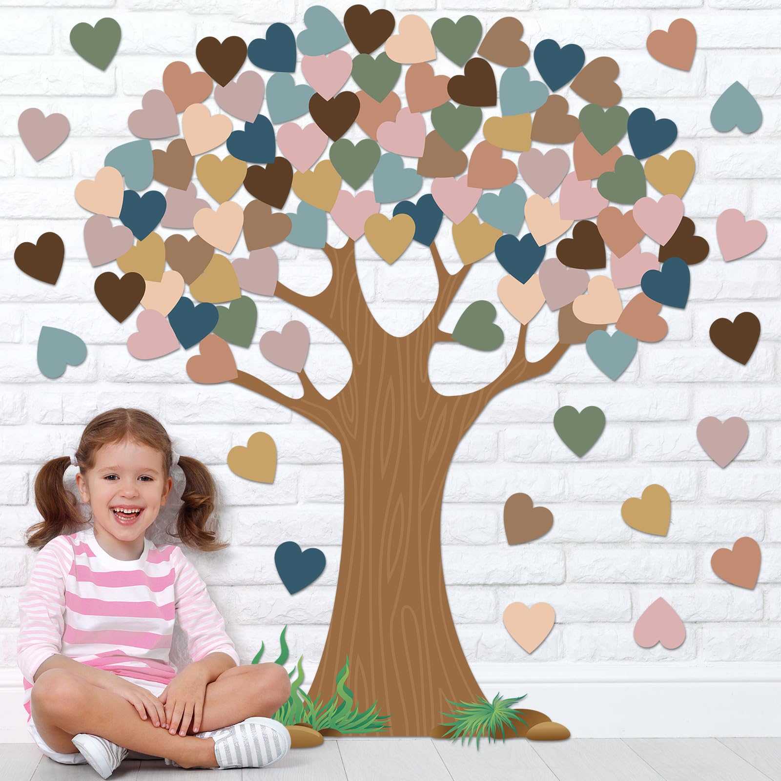 Photo 1 of 102 Pcs Boho Classroom Tree Bulletin Board Set with Heart Shape Cutouts, Welcome Classroom Bulletin Tree Wall Decors Supplies for School Elementary Teacher Chalkboard