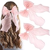 SmallCat 2Pcs Large Hair Bow Clips, Pink Silk Lace Ribbon Bow for Women, Elegant Long Tail Bowknot French Hair Styling Barrette for Wedding, Parties, Daily Use