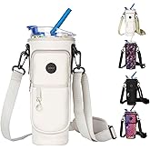 Tzuoieo Water Bottle Holder with Strap for Stanley 40oz Tumbler with Handle, Water Bottle Carrier Bag with Phone Pocket, Wrap Around Drink Pocket Carrier with Adjustable Shoulder Strap & Carabiner