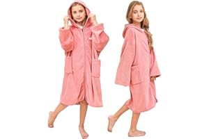 Hiturbo Kids Bath Towel Hoodie: Soft Plush Zipper Surf Poncho - Warm Fleece Changing Towels Swimming Outerwear (Pink)