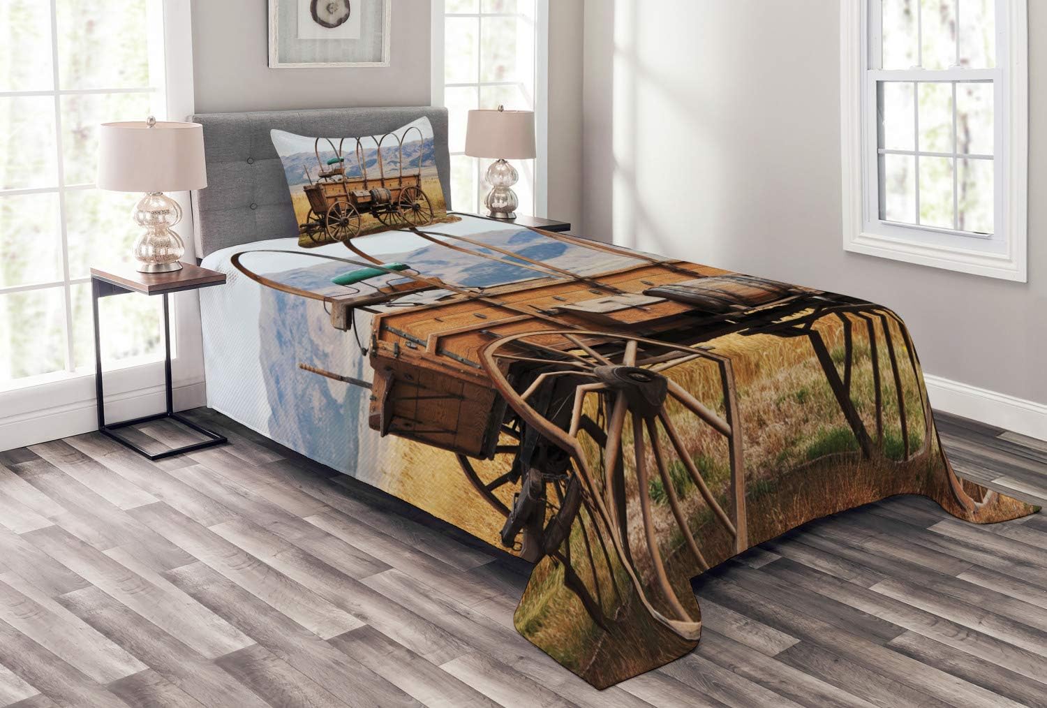 Ambesonne Western Bedspread, Photo of Old Nostalgic Wild West American Cart Carriage in The Farm Texas Style, Decorative Quilted 2 Piece Coverlet Set with Pillow Sham, Twin Size, Brown Caramel