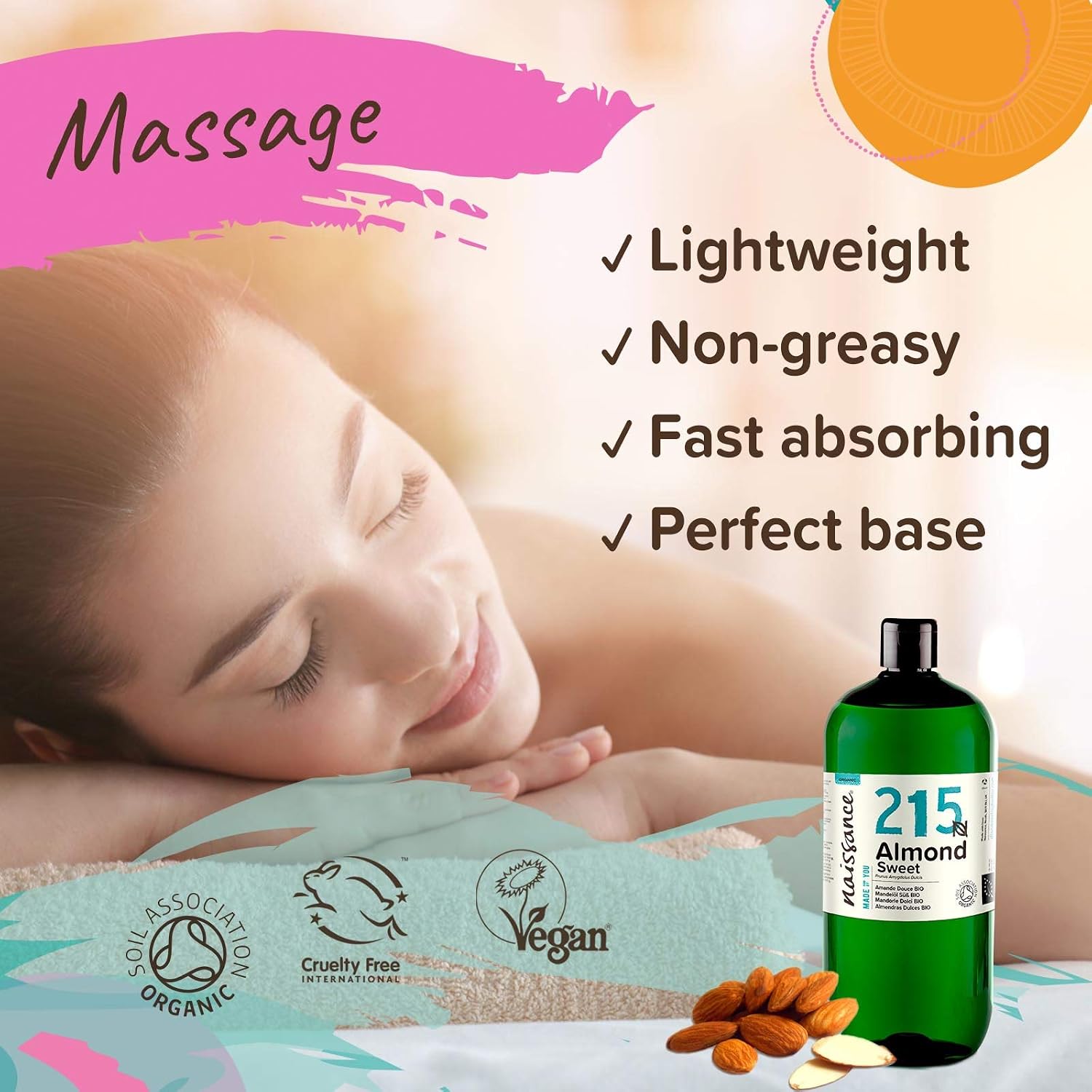 Naissance Organic Sweet Almond Oil (No. 215) 900ml, Cold Pressed and Unrefined, for Skin Hair, Massage, Nails, Ears, Face - Image 3