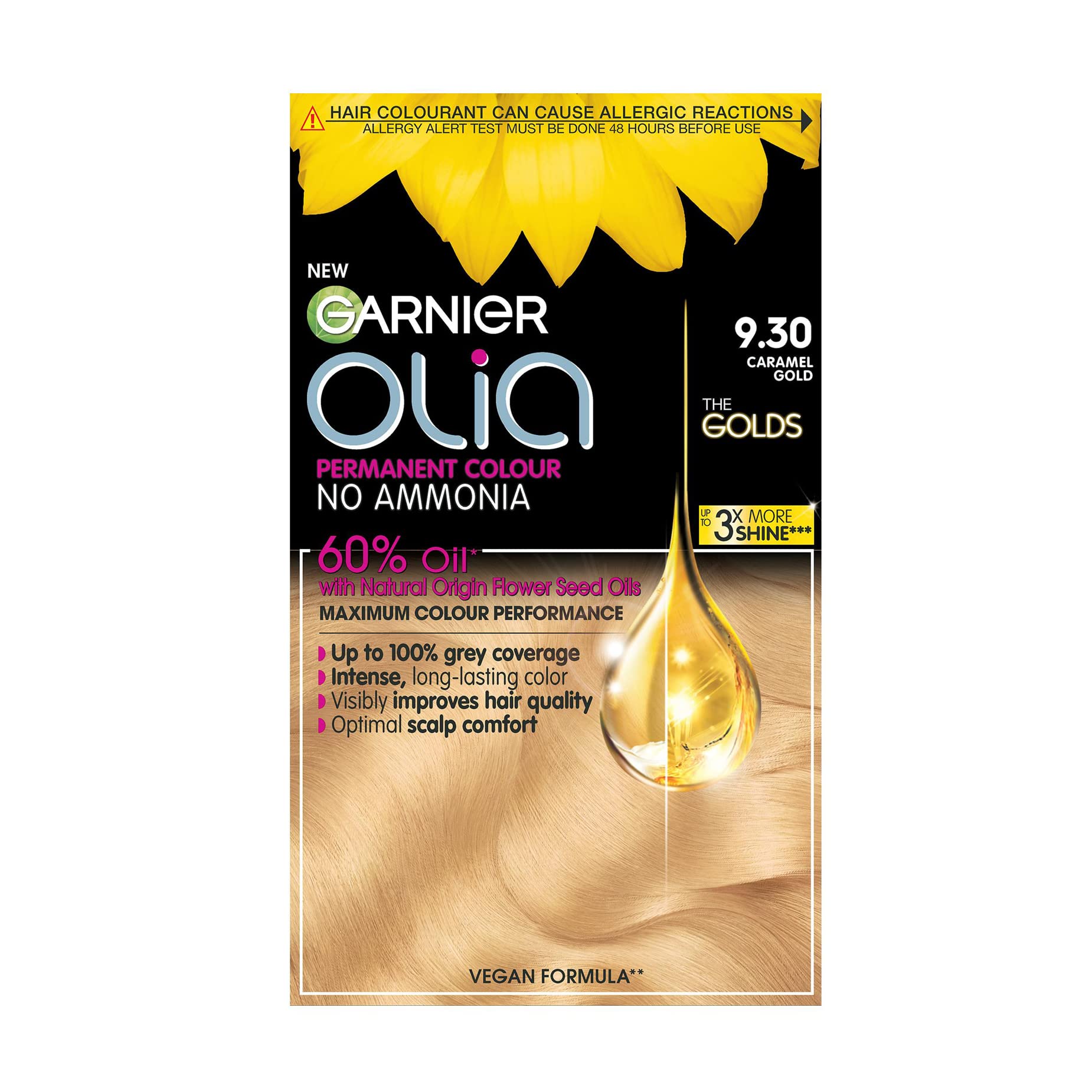Garnier Olia 9.30 Caramel Gold, oil-powered, no-ammonia. 100% grey coverage. Luminous, long-lasting, vibrant caramel gold hair color with exceptional shine and softness. โ image 1
