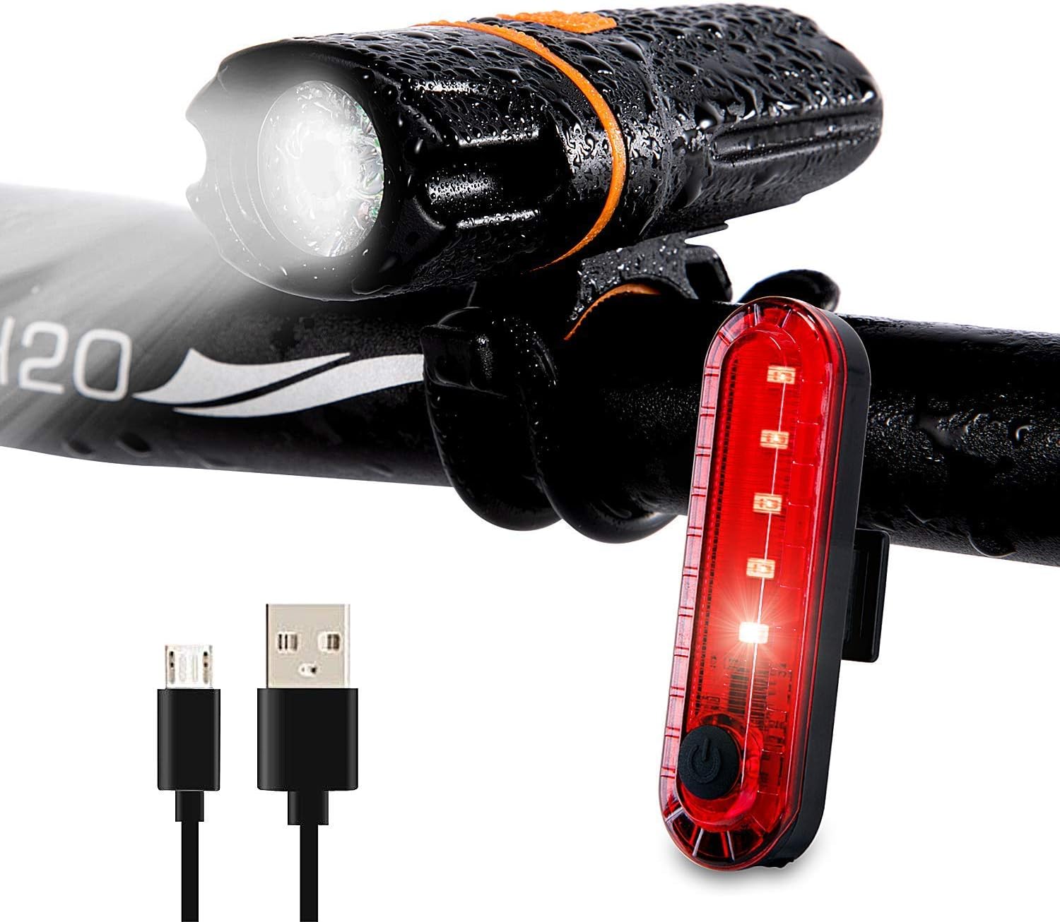 Wastou Bike Lights, Super Bright Bike Front Light, IPX6 Waterproof 6 Modes Cycling Light Flashlight Torch with USB Rechargeable Tail Light(USB Cable Included)