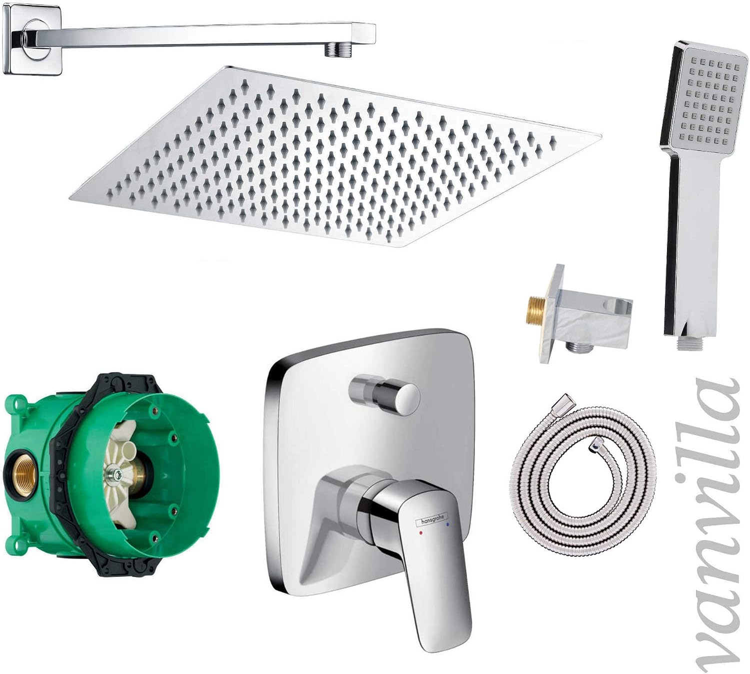 Vanvilla Dusch-Set Mit Hansgrohe Thermostat & Regenduschkopf 30x30 Cm – Unterputz, Poliert