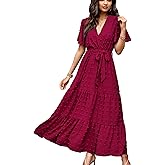 GOLDSTITCH Women's 2025 Summer Wrap V Neck Dress Short Sleeve Swiss Dot Boho Ruffle Slit Beach Party Flowy Long Maxi Dresses