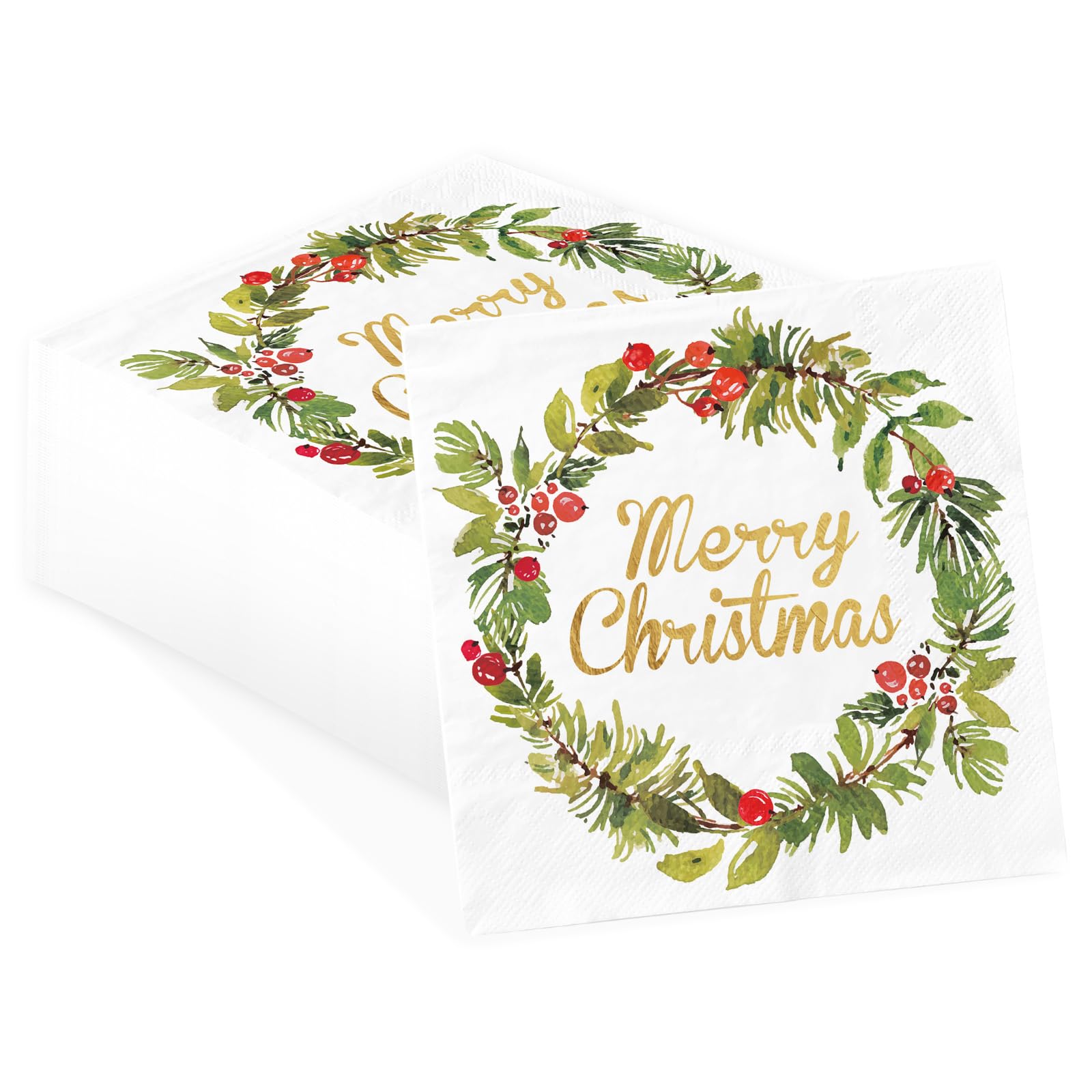 Photo 1 of 100 Pcs Christmas Paper Cocktail Napkins 3 Ply Retro Plant Wreath Disposable Absorbent Hand Towels Xmas Garland Guest Napkins for Merry Christmas Holiday Lunch Dinner Kitchen Supplies Decorations