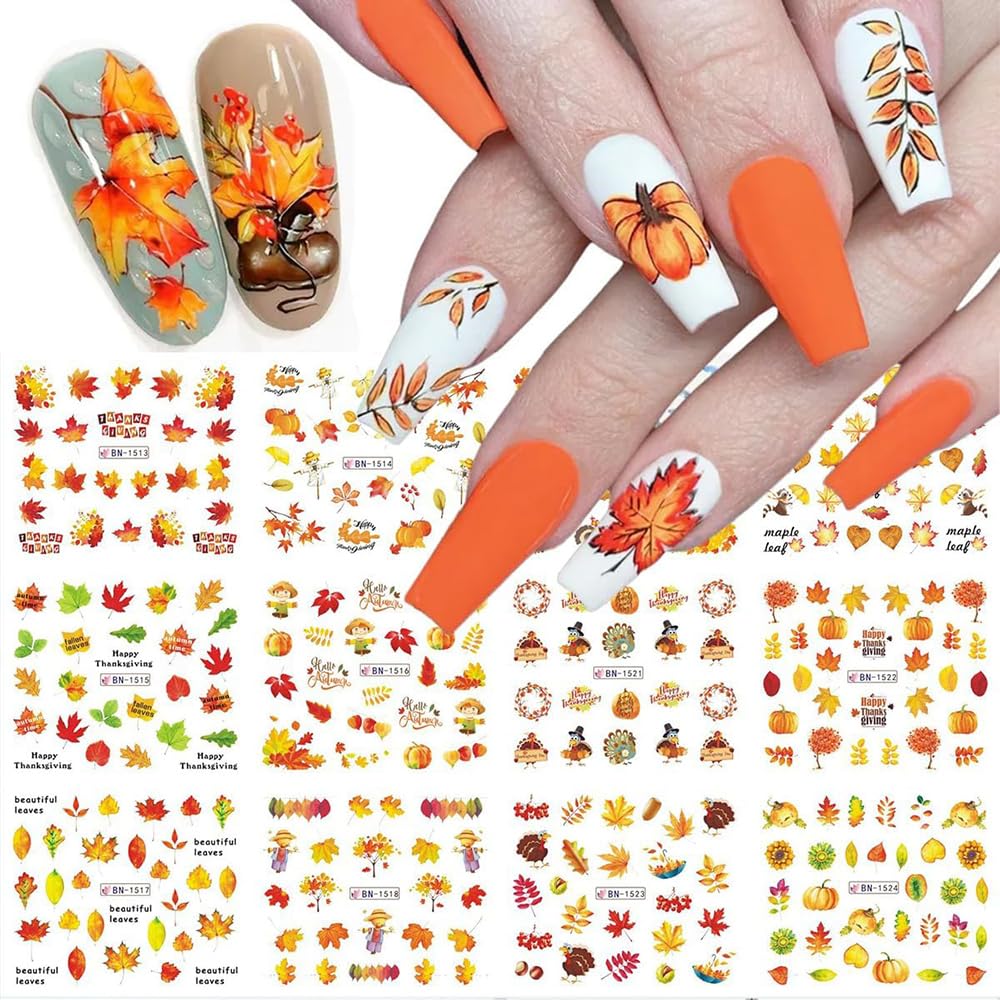 Photo 1 of 12 Sheets Fall Maple Leaf Nail Art Stickers Autumn Water Transfer Nail Decals Thanksgiving Day Nail Art Supplies Turkey Pumpkin Leaves Scarecrow Nail Design Slider Stickers for Women Nail Decorations