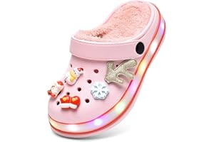 XPKWS Fur Lined Toddler Clogs Kids Slippers Fuzzy Light up Sandals Boys Girls Garden Shoes Winter Warm Cartoon Slides Slip on Lightweight