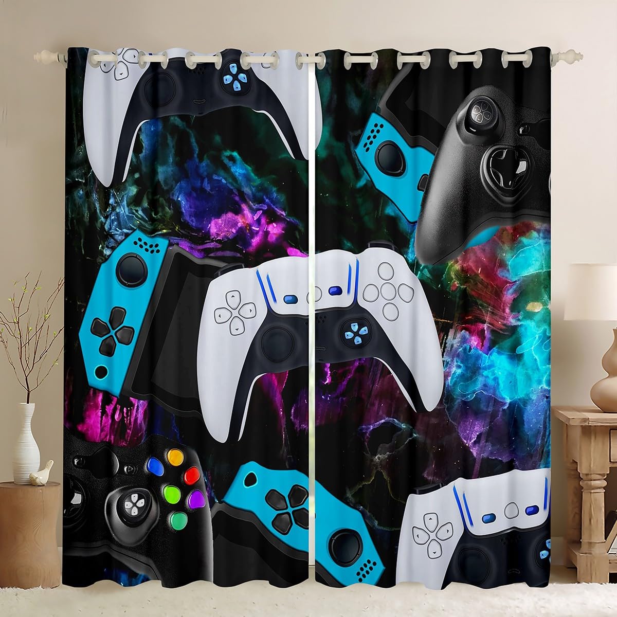 Loussiesd Gamer Window Treatments Gamer Gaming Window Curtains for Bedroom Living Room Kids Boys Marble Window Drapes Video Gamepad Colorful Bedspread Cover W52*L63