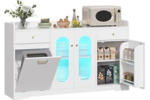kepptory 54'' Large Kitchen Island with LED Light and 2 Drawers, Kitchen Island with Trash Can Storage and Adjustable Shelves, Tilt Out Trash Can Cabinet Pantry Cabinet for Home Office Use, White