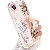 Jefonha Compatible with iPhone Air Case with Finger Hand Wrist Strap for Girls Women, Cute Flowers Floral Phone Case with Wristband Kickstand, Durable Silicone Protective Cover, Beige