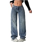 WDIRARA Women's Baggy Jeans Low Waist Straight Leg Denim Pants Streetwear