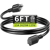 Seeklyze 16/3 Black Extension Cord 6 FT Indoor, Short Extension Cord | Short Extension Cord 6FT for Laptops, Coffee Makers, 3 Prong Small Resistant Cable Flexible, 13A 125V 1625W ETL Listed