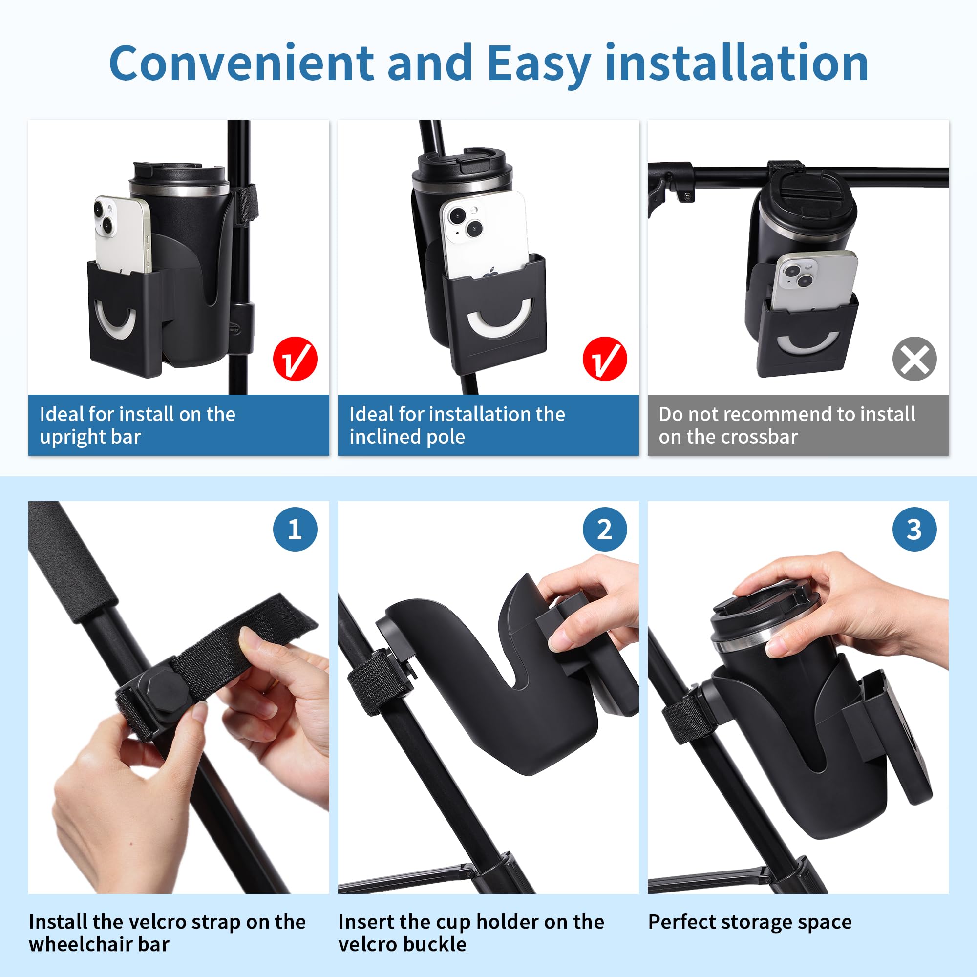 Joxodak Wheelchair Cup Holder 2 in 1 Strap-on Walker Cup and Phone Holder Compatible with Drive Medical Nitro Rollator Walkers Cup Holder for Wheelchair, Walker, Rollator, Camper