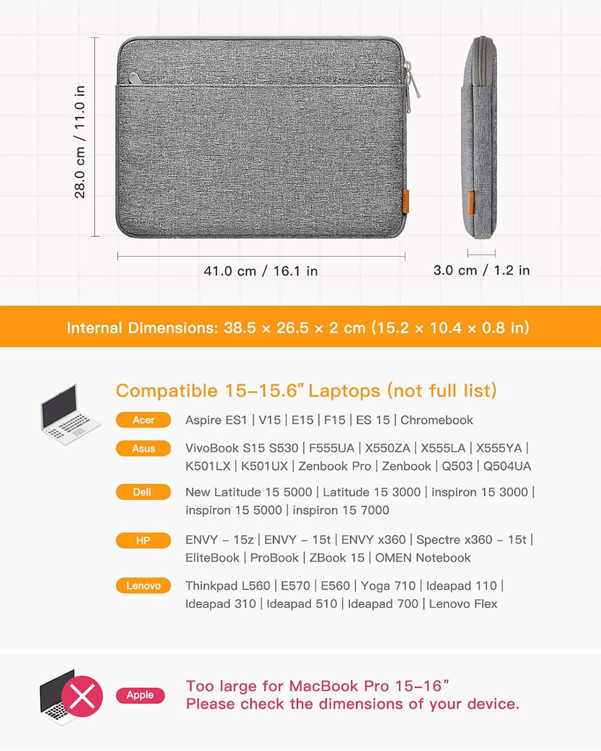 Inateck 15-15.6 inch Laptop Case Sleeve Bag Compatible with 15-16 inch Thinkpad/HP Envy/Dell New Latitude/ASUS Vivobook/Chromebook Laptop - Image 3