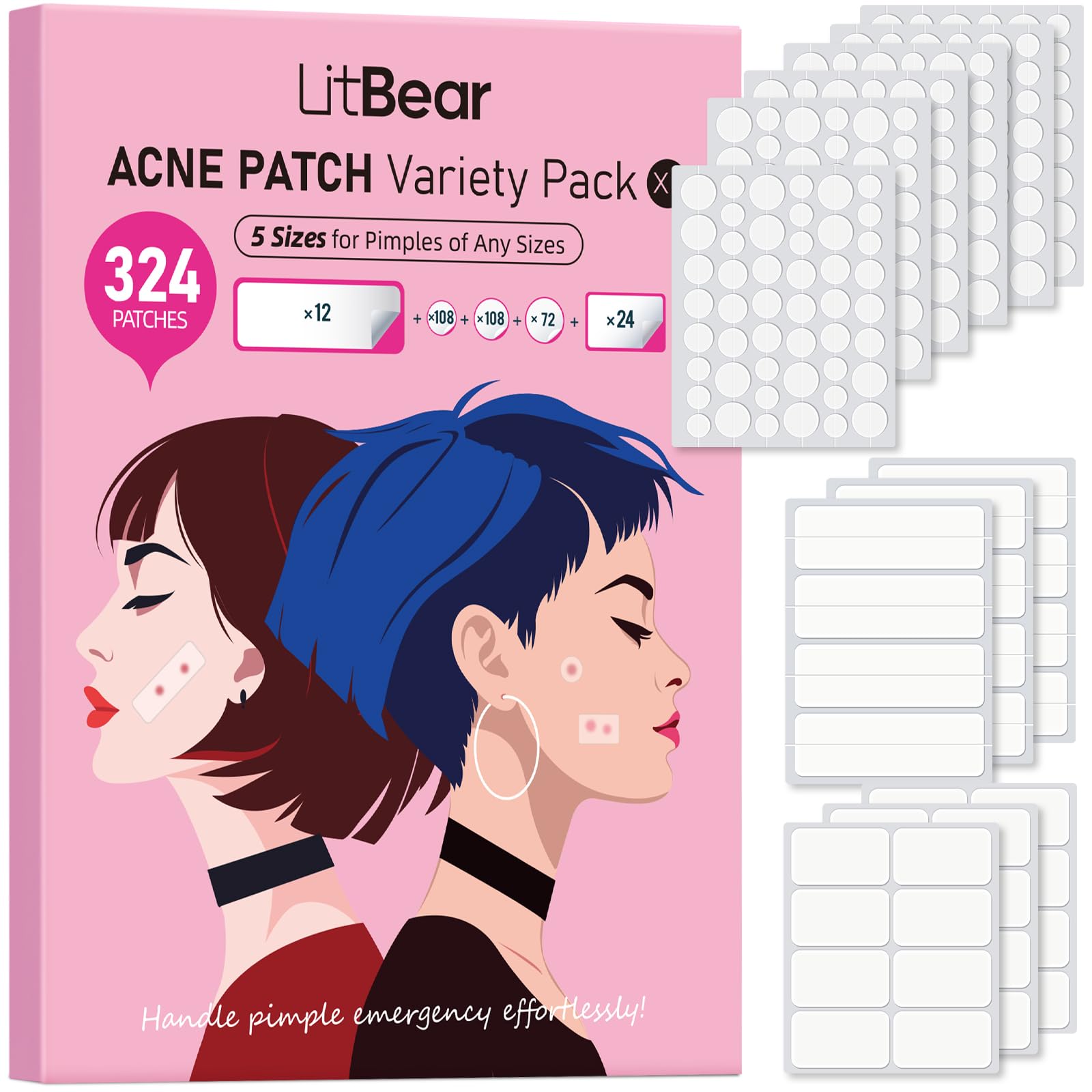 LitBear Large Pimple Patches (5 Sizes 324 Patches), Acne Patches for Face, Chin, Back or Body, Hydrocolloid Patches Suitable for All Skin Types