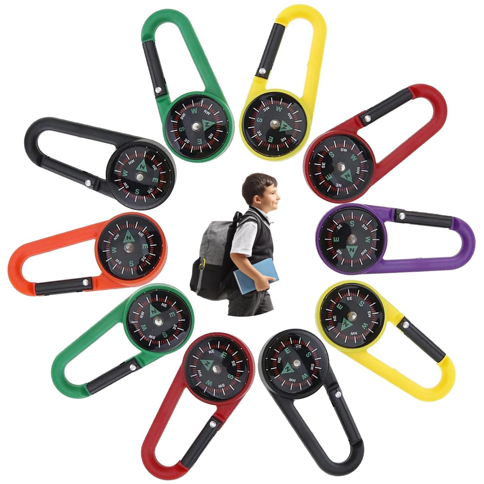 10PC Compass Carabiner,Multicolor Mini Compass,Carabiner Keyring,Portable Keychain,Hiking Backpacking and Camping Accessory