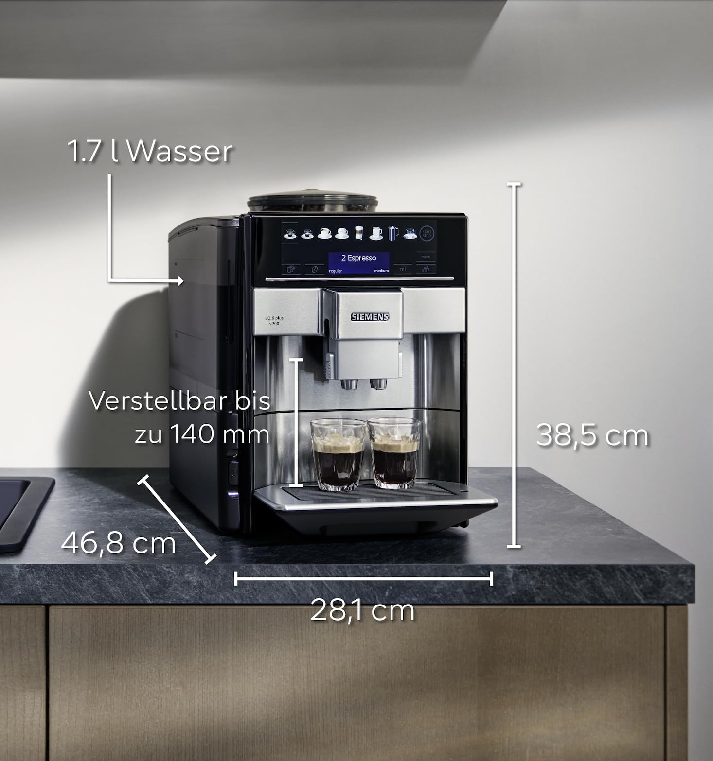 Siemens Kaffeevollautomat EQ6 plus s700, Milchsystem, 12 Getränke, automatische Reinigung des Milchsystems, Keramikmahlwerk, großes Touchdisplay, Edelstahl, TE657503DE 2