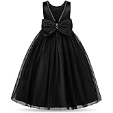 Uhnice Flower Girl Pearls Dress V-Back Tulle Ball Gown Satin Prom with Bow-Knot for Wedding Pageant Birthday Party
