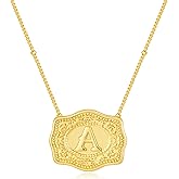 Belt Buckle Necklace With Initial For Women, 18k Gold Plated Mini Embossed Letter Pendant Western Charm Gift Jewelry