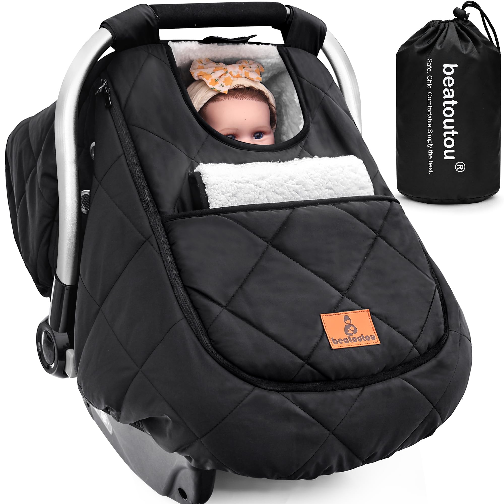 Photo 1 of beatoutou Winter Baby Car Seat Cover, Waterproof Winter Infant Carseat Canopy for Boys Girls, Cold Weather Warm Car Seat Covers for Babies, Keeps Babies Warm and Cozy (Black)