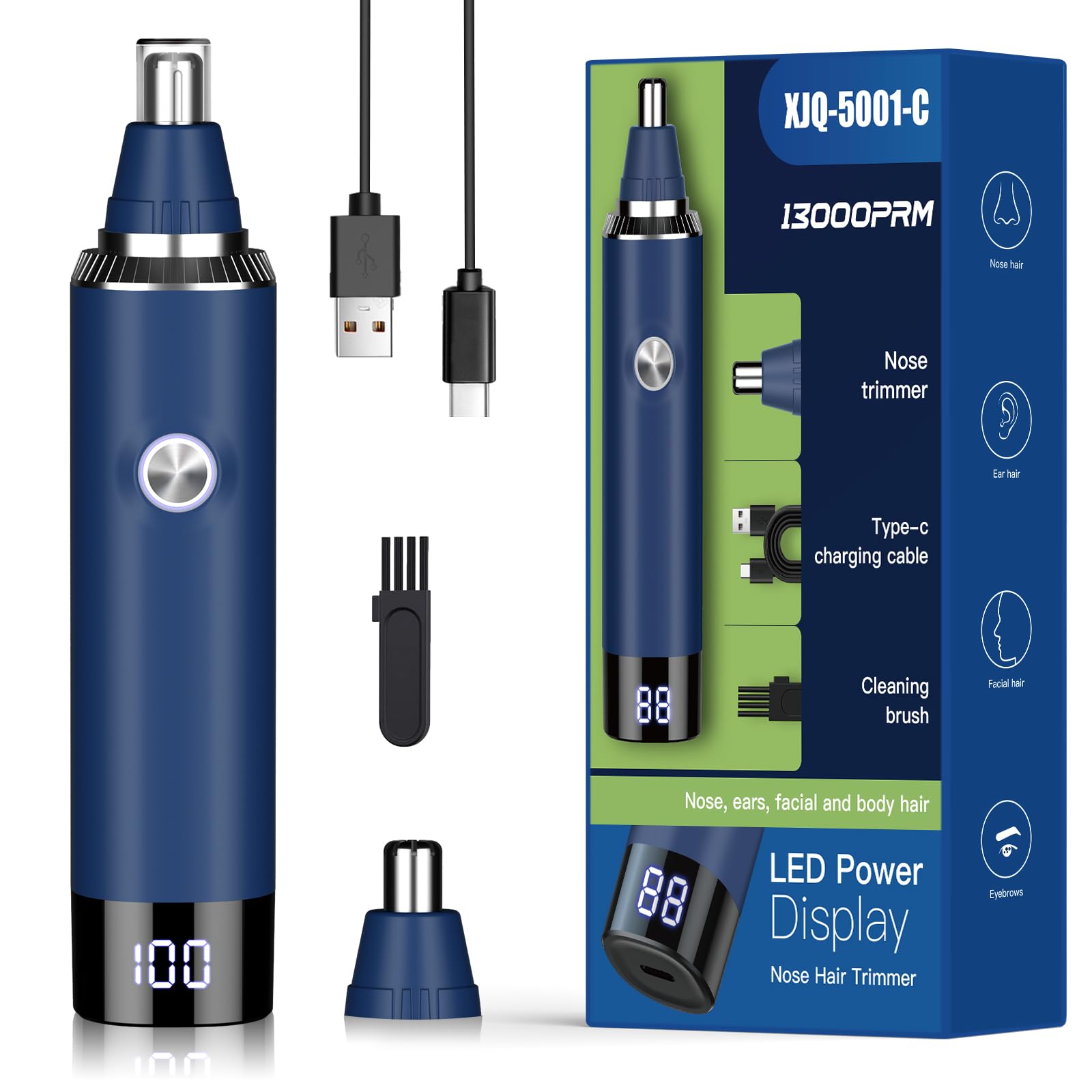 Rechargeable USB Nose & Ear Trimmer, Facial Hair Remover, Easy to Clean, Dual Edge Blades, IPX7 Waterproof,Clay