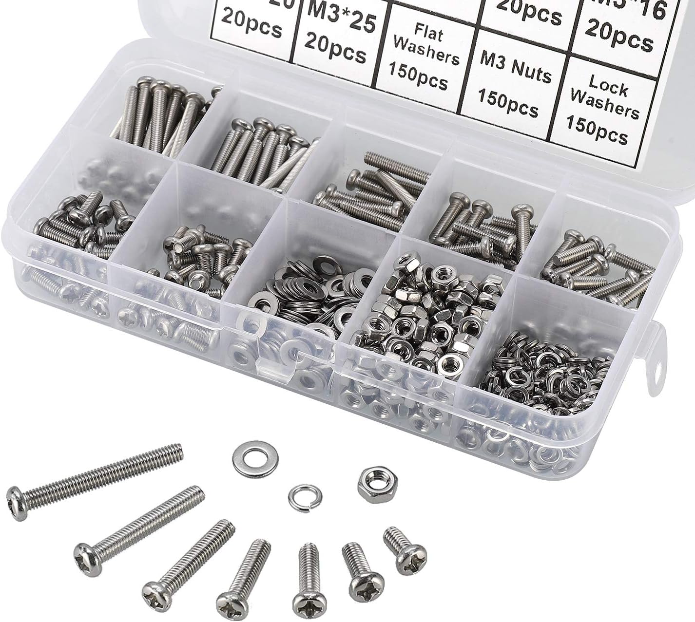 FandWay 600Pcs M3 Bolts and Nuts Set,Pan Head Machine Screws DIN 7985,Cross Round Head Screws,304 Stainless Steel Bolts and Washers Set Phillips Drive Fully Threaded With Storage Box - Image 4