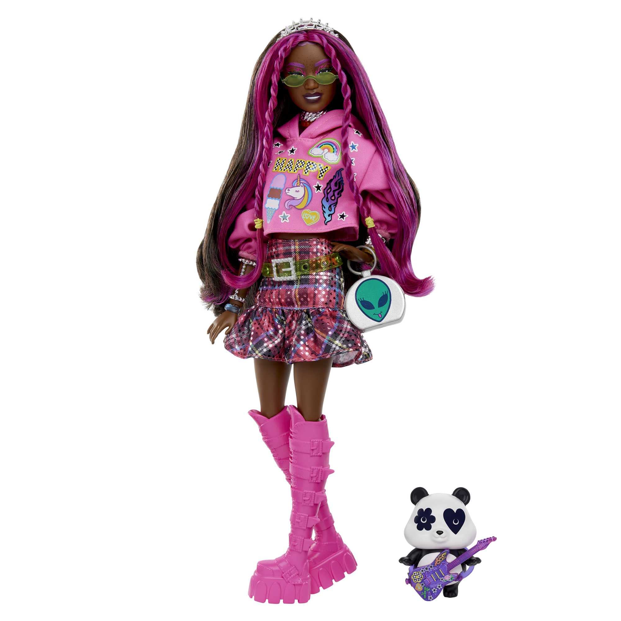 ​Barbie Doll with Pet Panda, Barbie Extra, Kids Toys, Clothes and Accessories, Pink-Streaked Brunette Hair, Graphic Hoodie and Plaid Skirt, HKP93