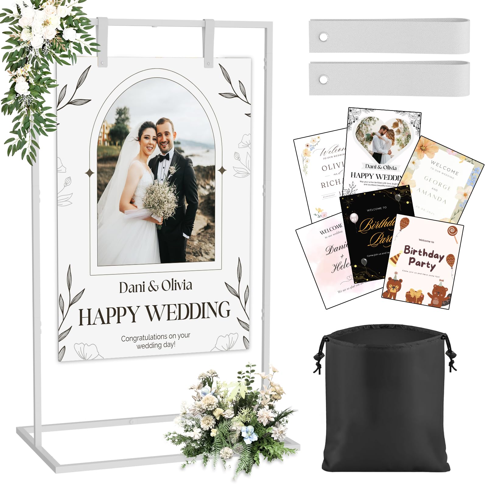 Photo 1 of Kawaiita Wedding Welcome Sign Stand, Adjustable Sign Stand Includes Custom Design & Leather Sign Hanging Straps, Heavy Duty Metal Floor Standing Easel Stand, Welcome to Our Wedding Sign Holder (White)