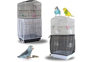 Daoeny 2Pcs Bird Cage Cover, Adjustable Soft Airy Nylon Mesh Parrot Net, Universal Feather Seed Catcher, Birdcage Cover Skirt Sheer Guard for Round Square Bird Cages (White +Black)