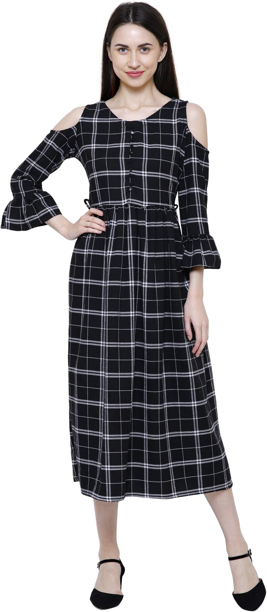 Women Black & White Check Cold Shoulder Rayon Long Kurti/Dress