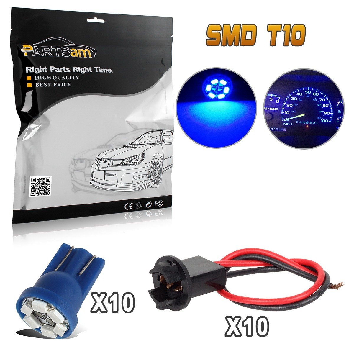 Partsam T10 194 LED Light Bulb 168 LED Bulbs Bright Instrument Panel Gauge Cluster Dashboard LED Light Bulbs with Socket Extension Connector Wire Harness 10Pack-Blue