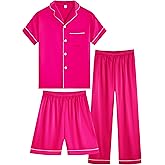 OEIU Girls Boys Silky Satin Pajamas Set 3 Pcs for Kid Children Silk pjs Set Sleepwear Button-up Nightwear