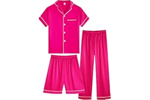 OEIU Girls Boys Silky Satin Pajamas Set 3 Pcs for Kid Children Silk pjs Set Sleepwear Button-up Nightwear